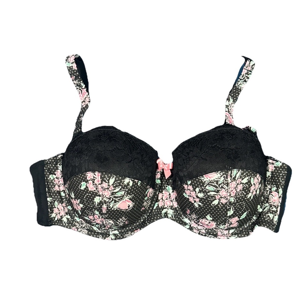 Adore Me Women's 36D Balconette Floral Polka Dot Bra Black Lace Dainty Bow Sexy